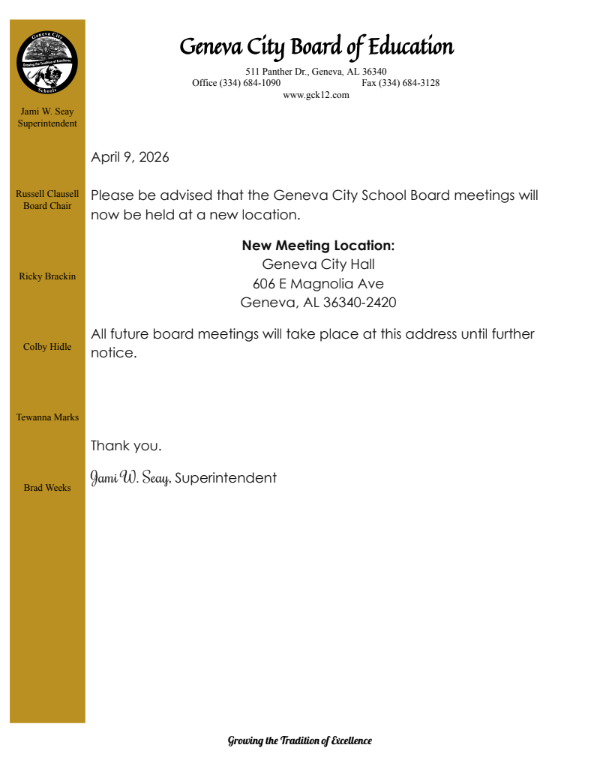 Board Meeting Location Change to City Hall in Geneva, Alabama