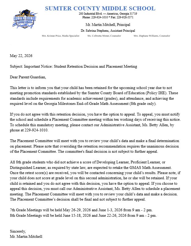 Letter about Grade Level Placement