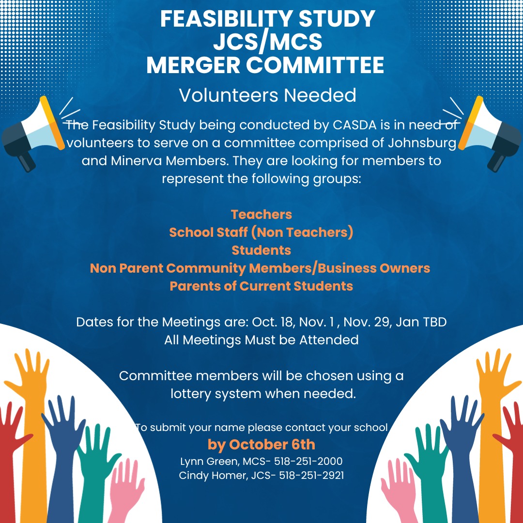 Minerva Johnsburg Merger Committee volunteers needed.  Call 518 251 2000 if you are interested.