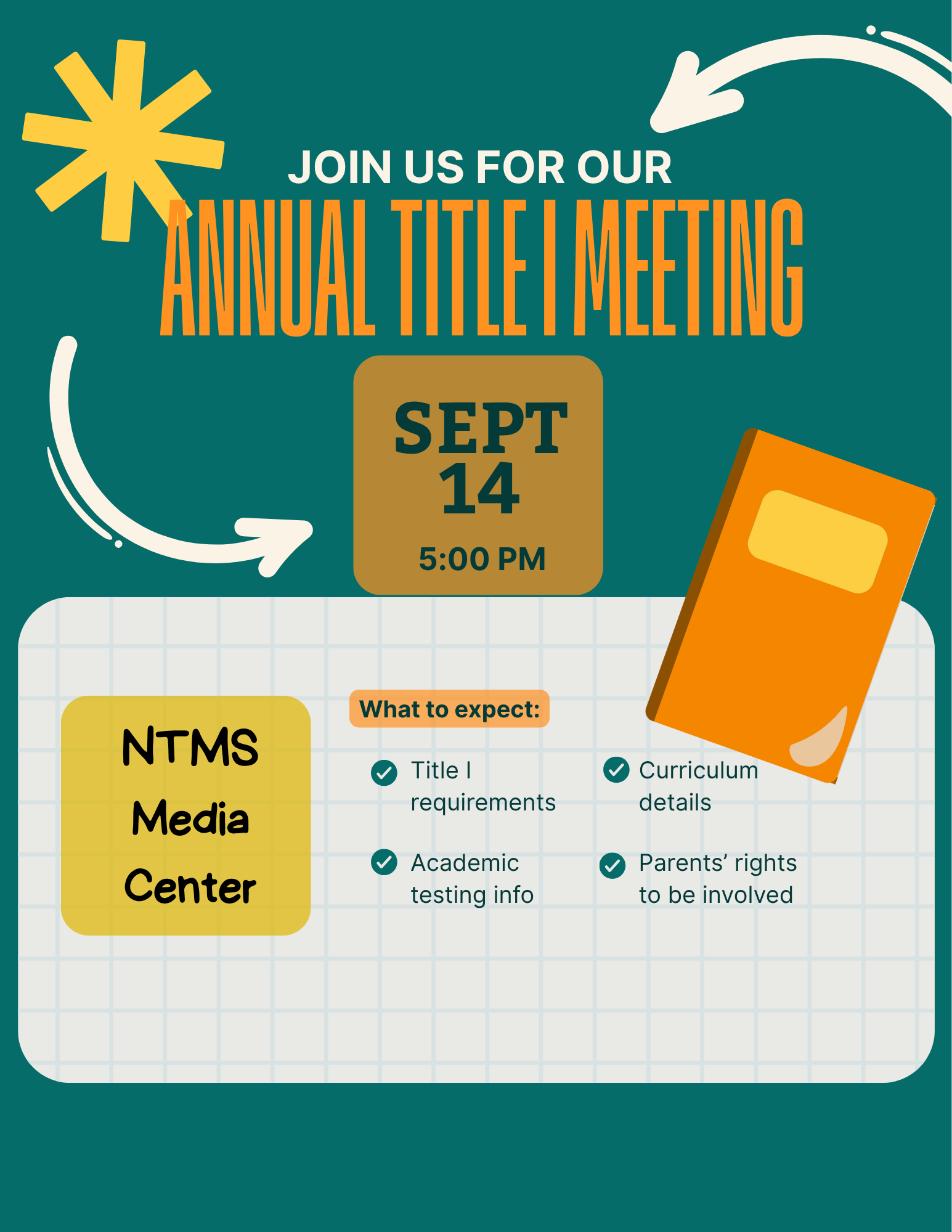 Save the date for the NTMS Annual Title I Meeting on September 14 at 5:00 p.m.! #NTMS #TheWarriorWay