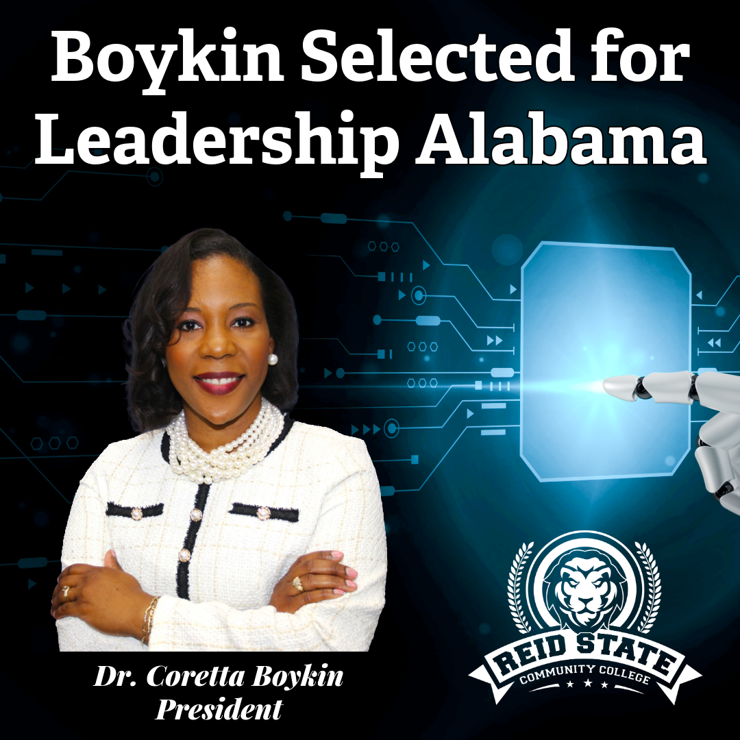Photo of Dr. Coretta Boykin, President of Reid State in front of graphic with computer related design and headline Boykin Selected for Leadership Alabama