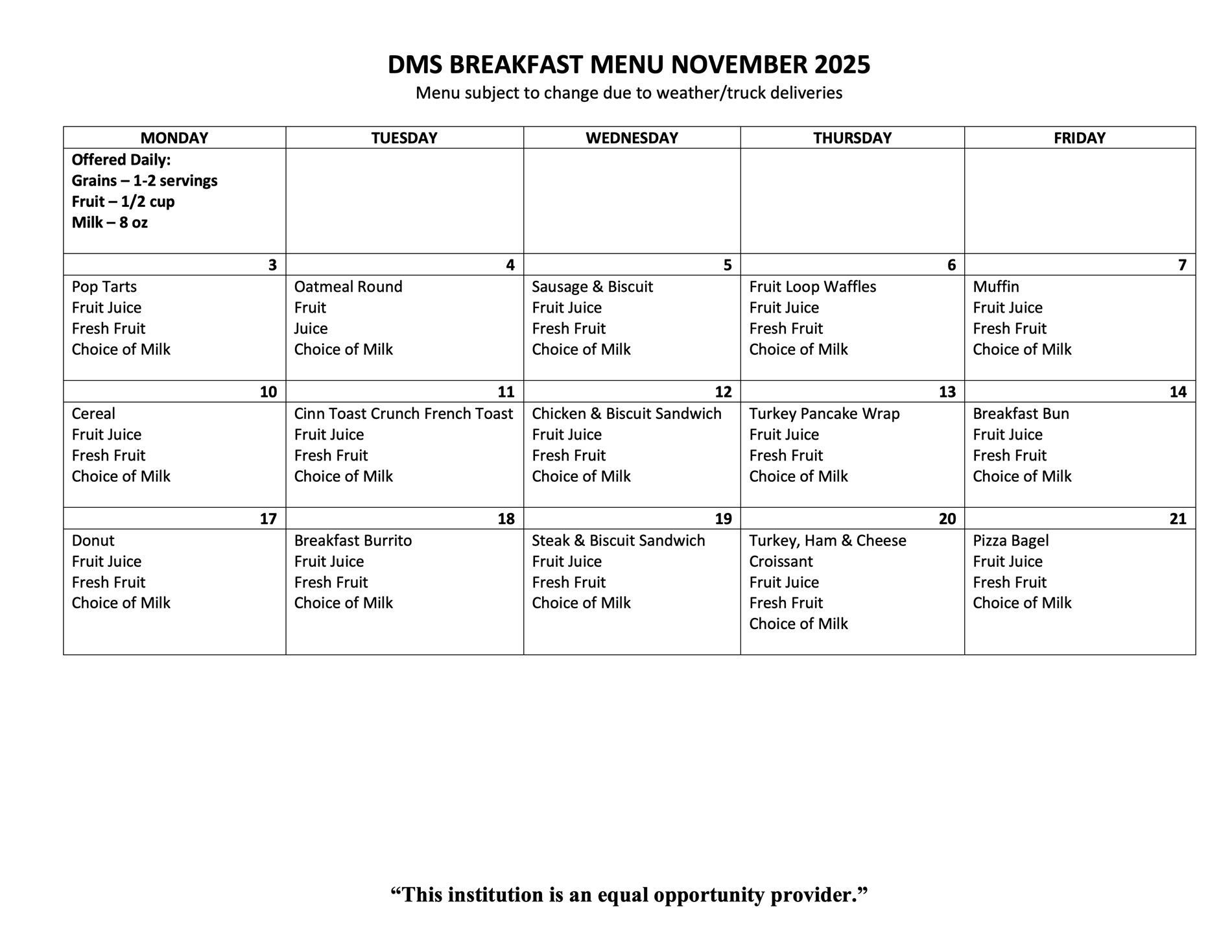 November Breakfast Menu