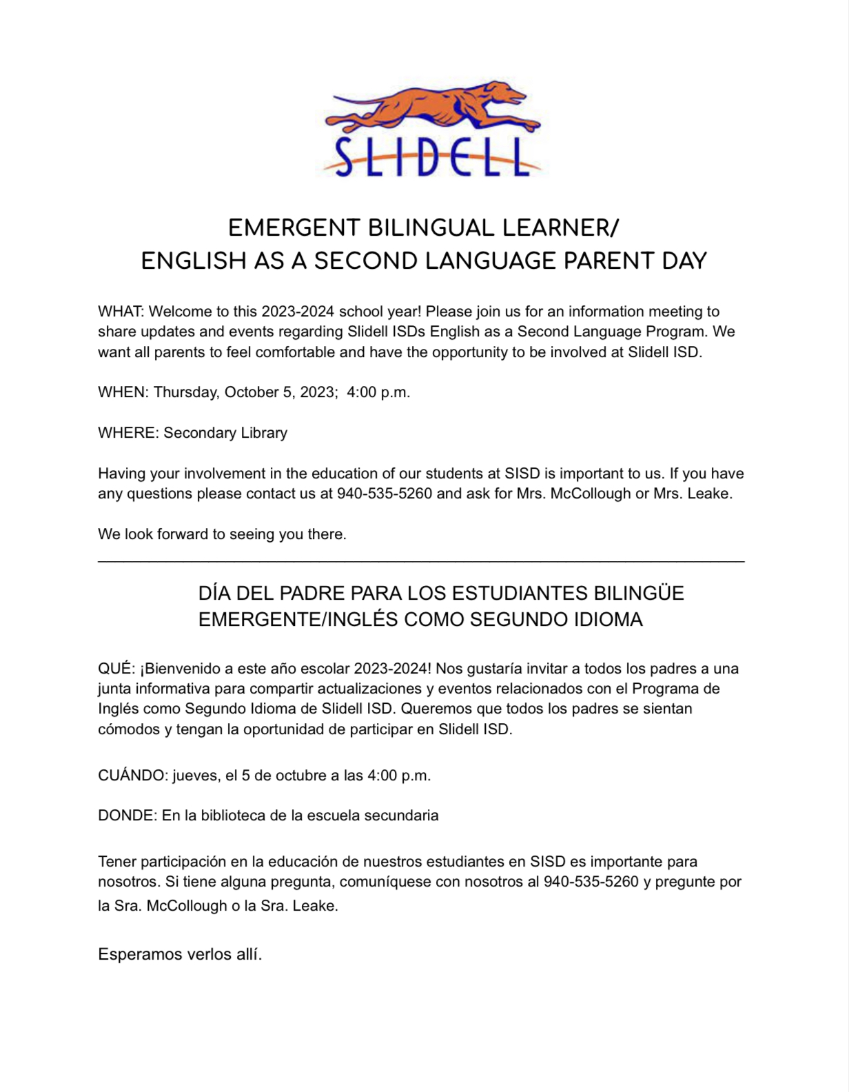 Emergent Bilingual Learner/ESL Parent Day 