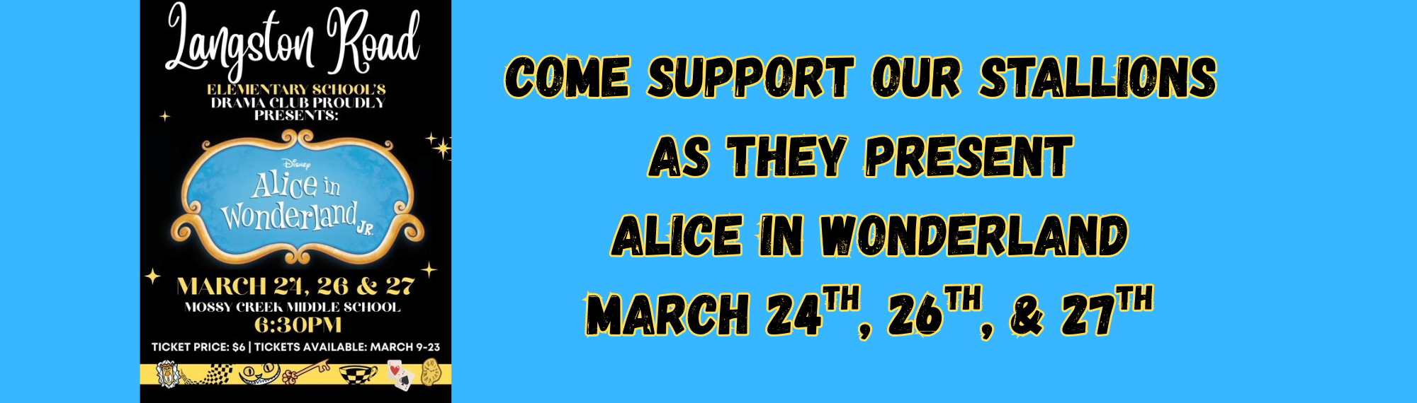 LRES presents Alice in Wonderland, March 24th, 26th, &27th at Mossy Creek Middle Cafeteria, 6:30pm