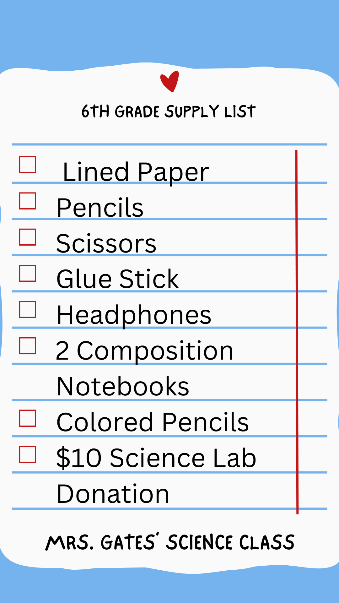 6th grade supply list