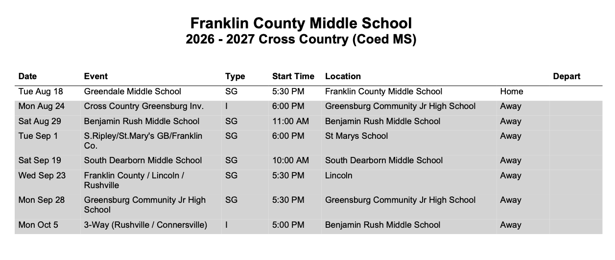 FCMS Cross Country Schedule Fall 2026