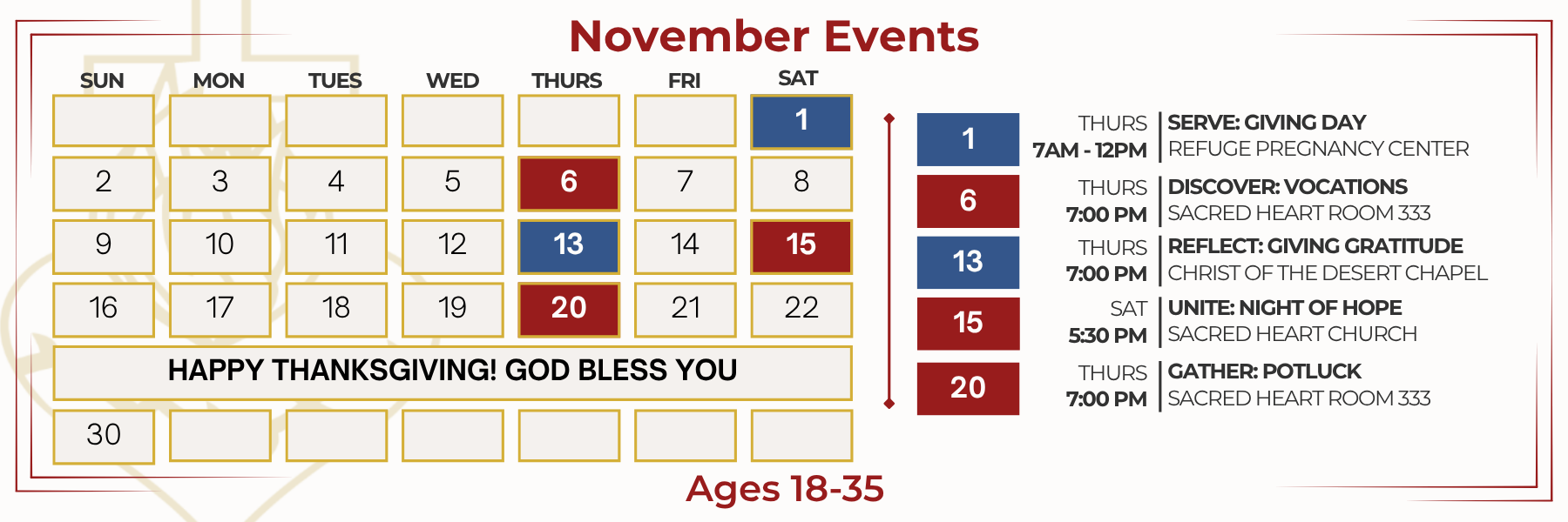 Calendar showing the Young Adult Ministry activities for the Month of November