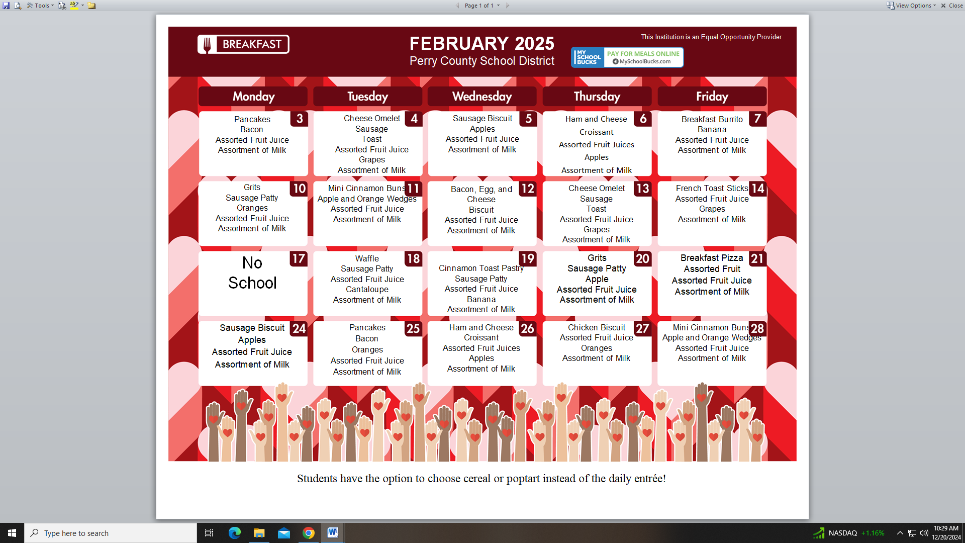 February Breakfast Menu 2025