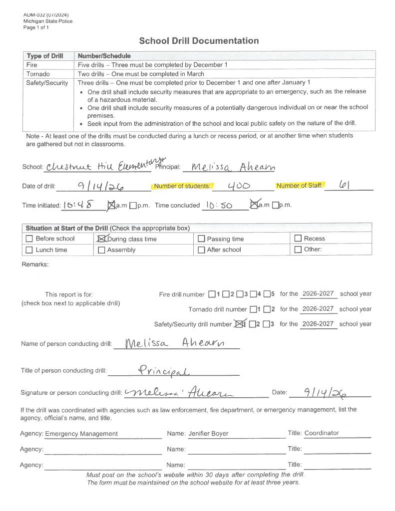 Chestnut Hill Elementary safety drill form 2026-2027