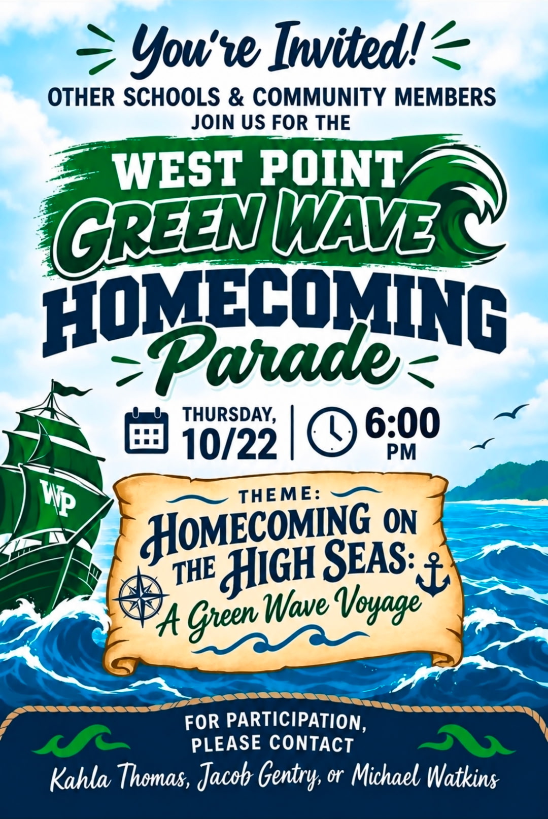 West Point Green Wave Homecoming Parade flyer announcing the October 22 parade at 6:00 p.m. with the theme “Homecoming on the High Seas: A Green Wave Voyage.”