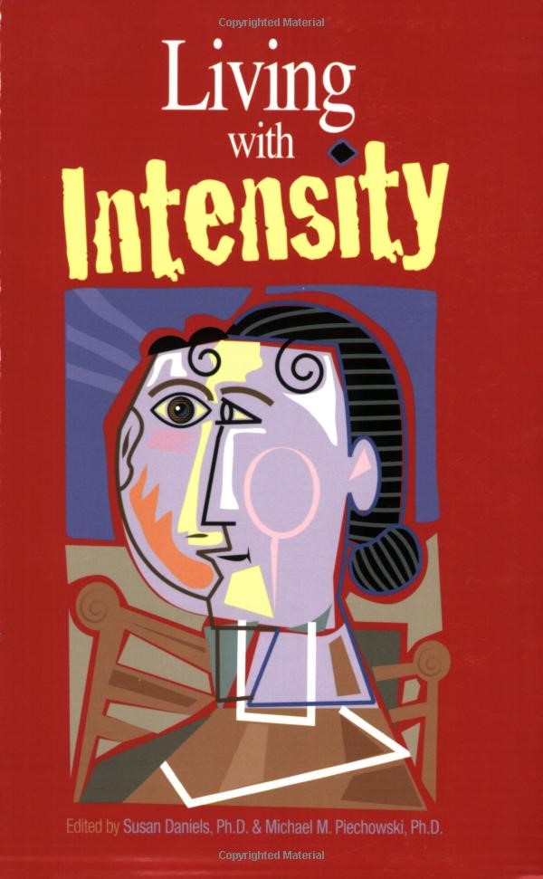 Book cover for "Living With Intensity" red background with Picasso style face