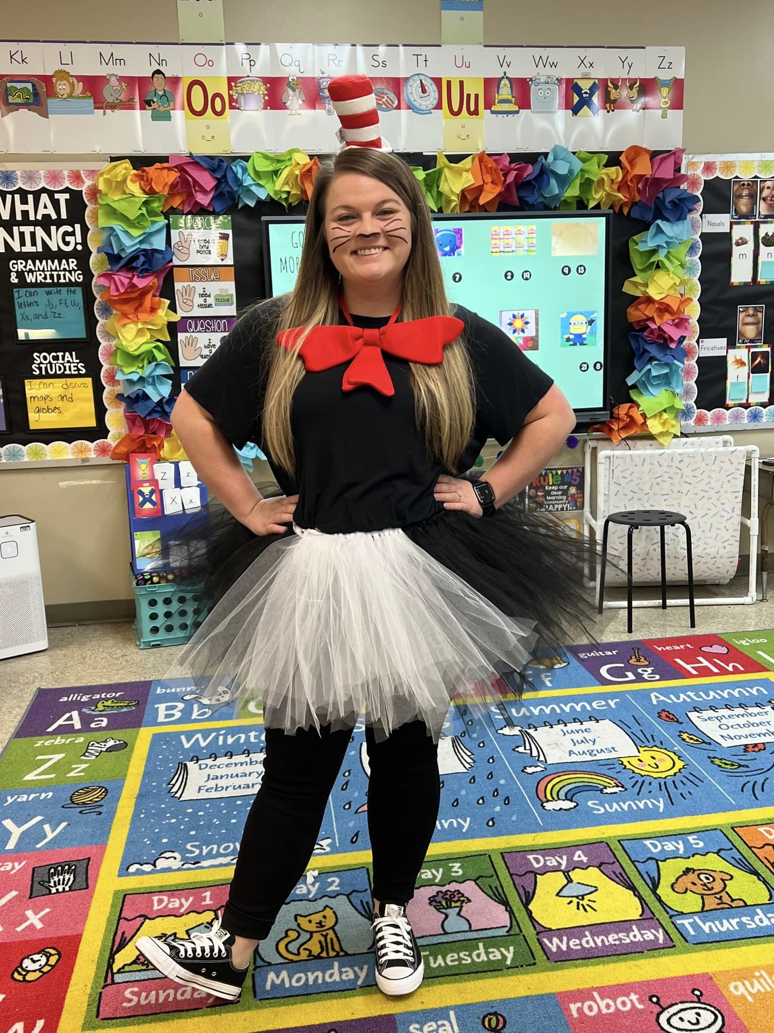 Teacher with Dr. Seuss outfit on