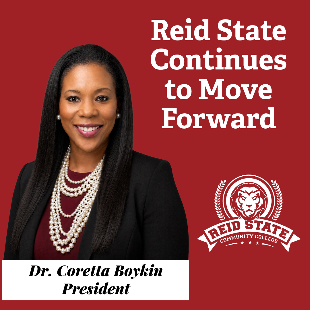Dr. Coretta Boykin on a background with title Reid State Continues to Move Forward