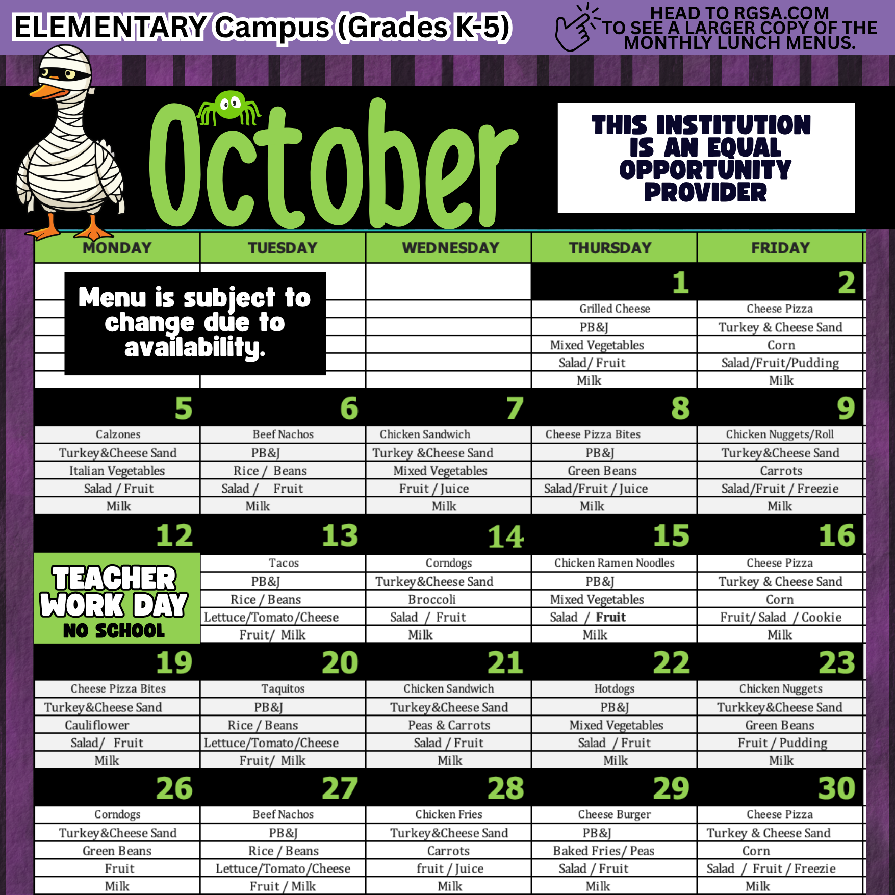 October Elementary Lunch 2026