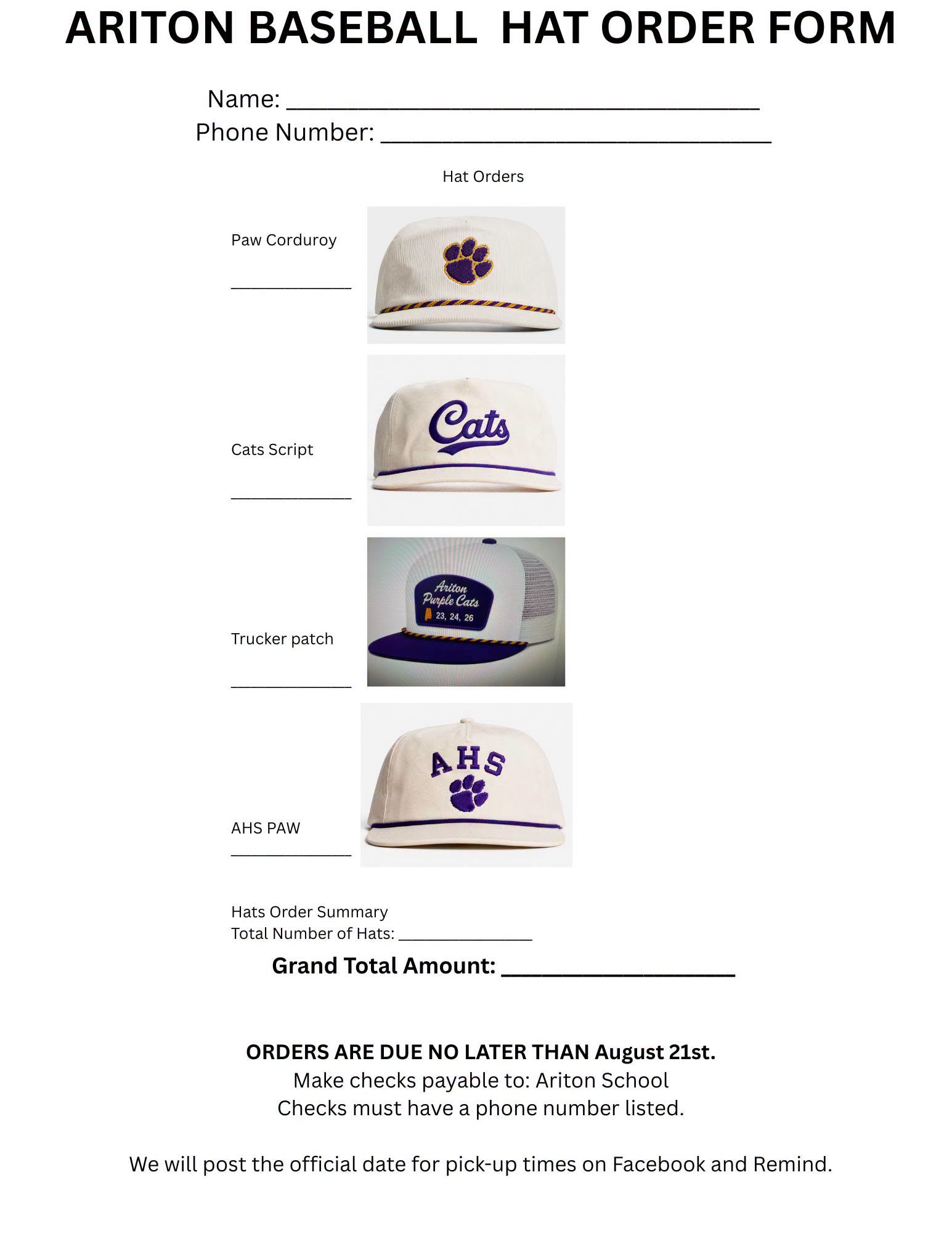 Ariton Hats Order Forms