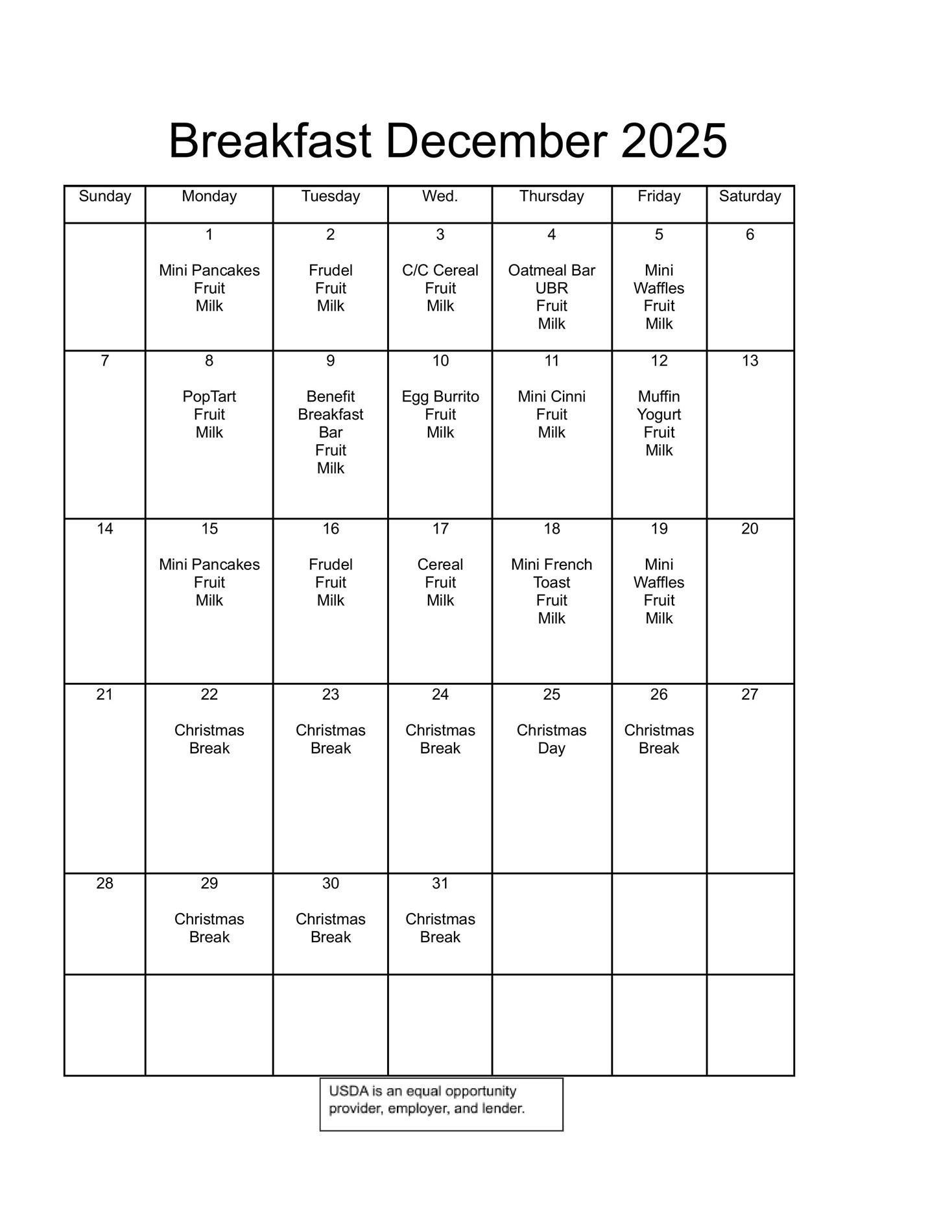 December Breakfast menu