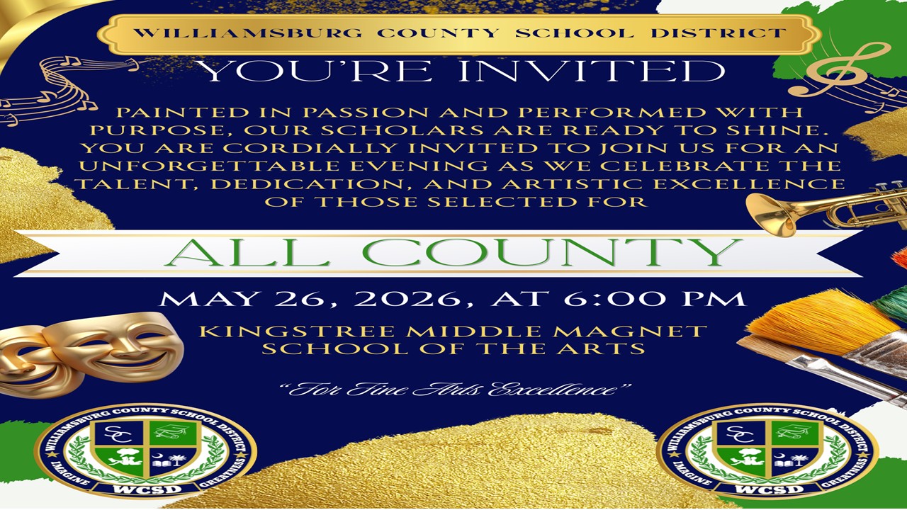 Painted in passion and performed with purpose, our scholars are ready to shine. You are cordially invited to join us for an unforgettable evening as we celebrate the talent, dedication, and artistic excellence of those selected for All-County. From every note played, every song sung, or to every moment on stage, this night will reflect the creativity and hard work that sets our students apart. Come experience the beauty of Fine Arts excellence and help us honor these outstanding scholars as they take their place in the spotlight. You’re Invited!