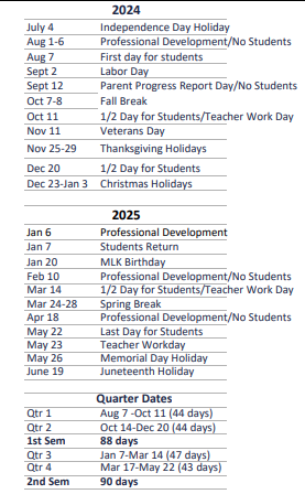 List of 24-25 school calendar