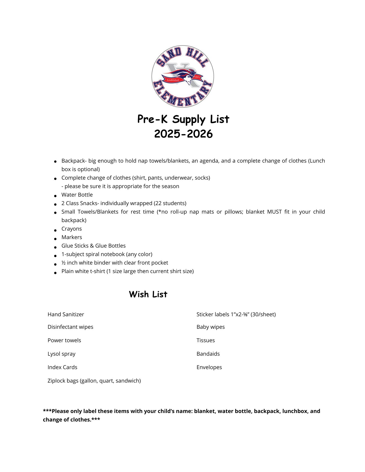Pre-K Supply List