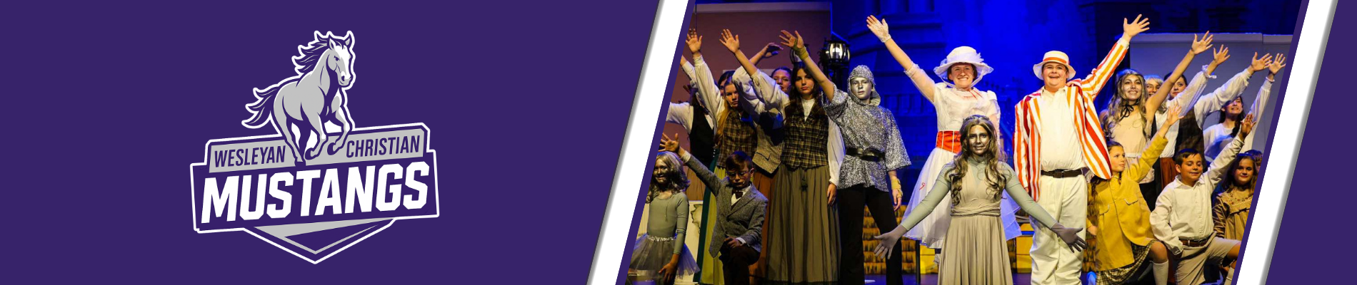 Mustangs logo with actors in a theatre