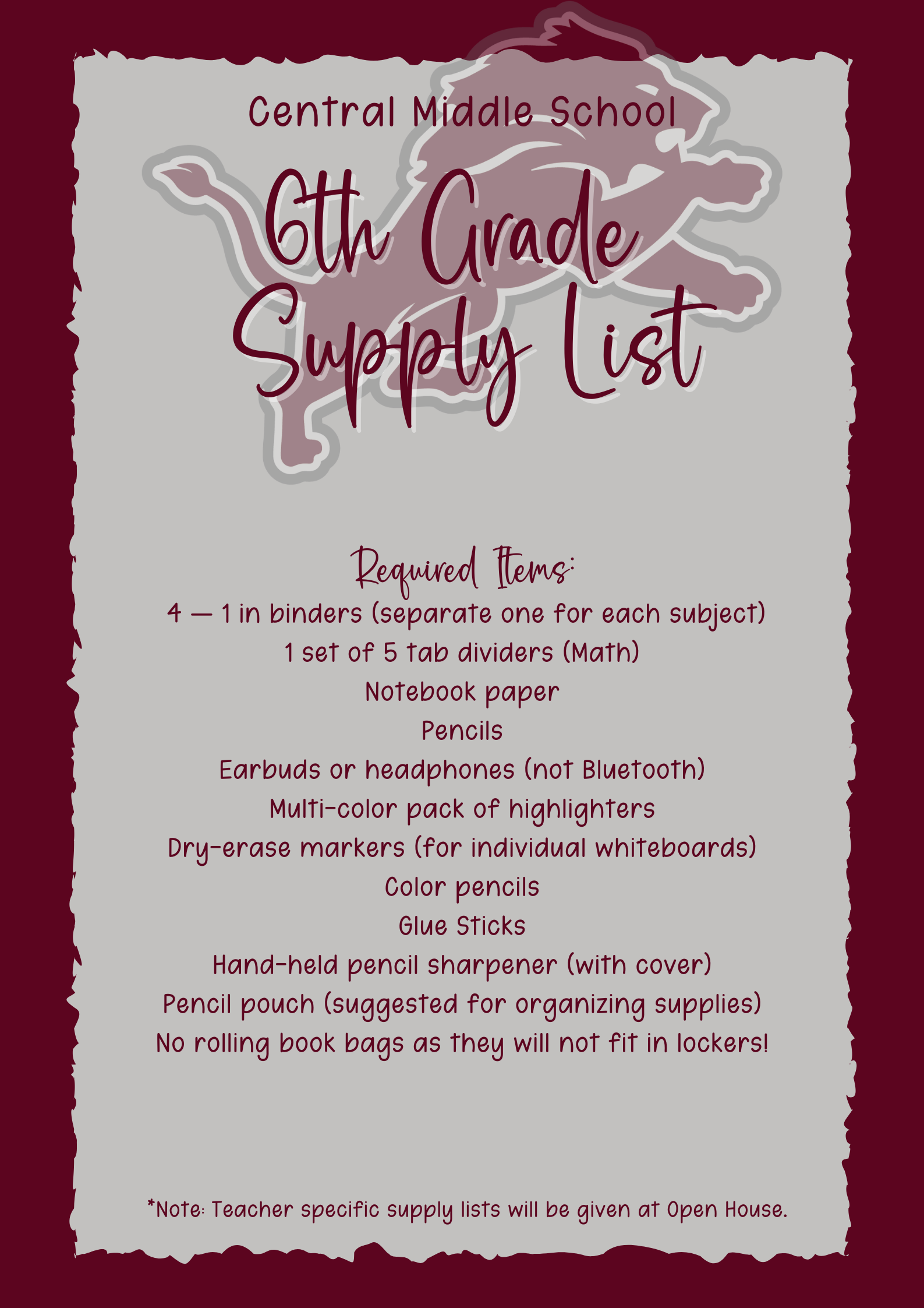 6th. grade supply list