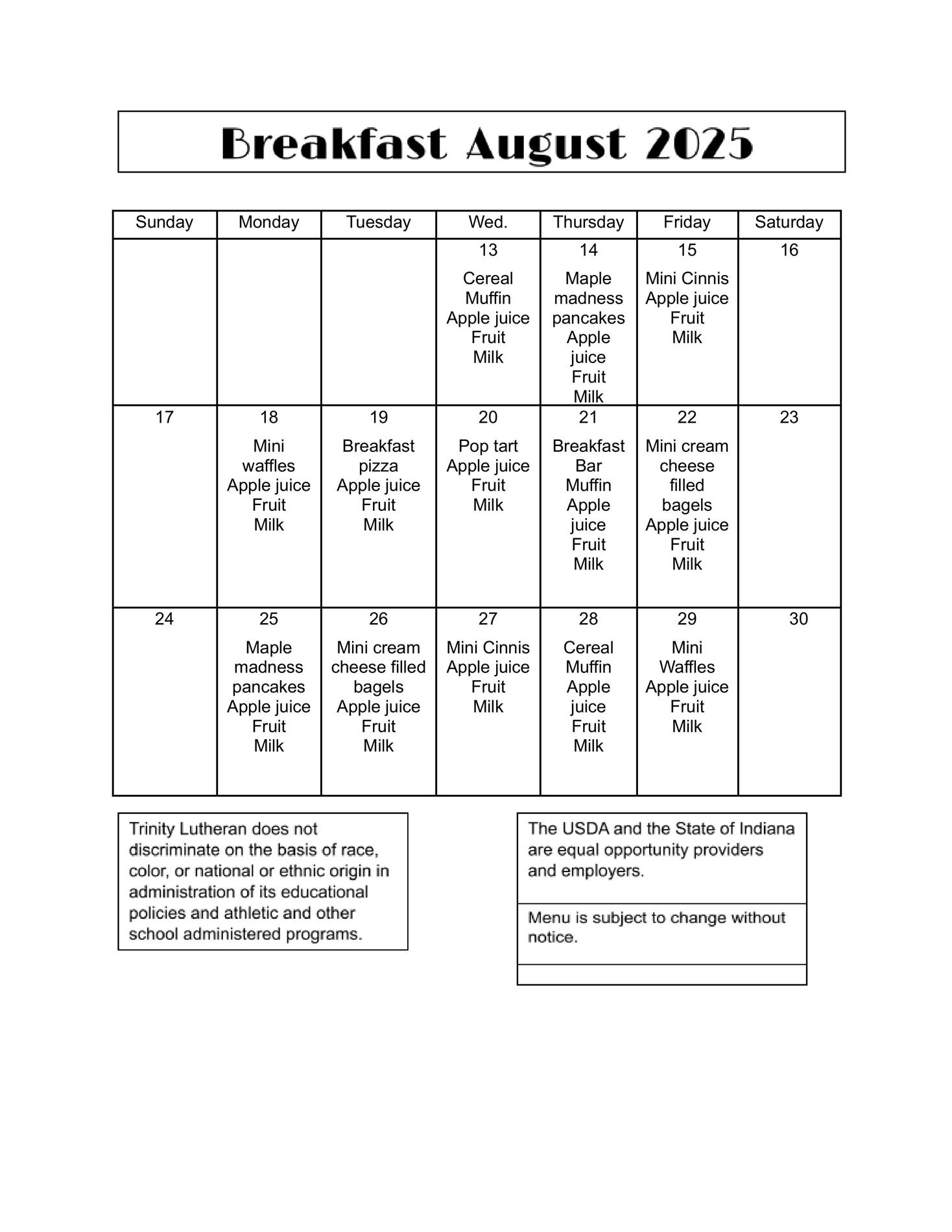 August Breakfast menu