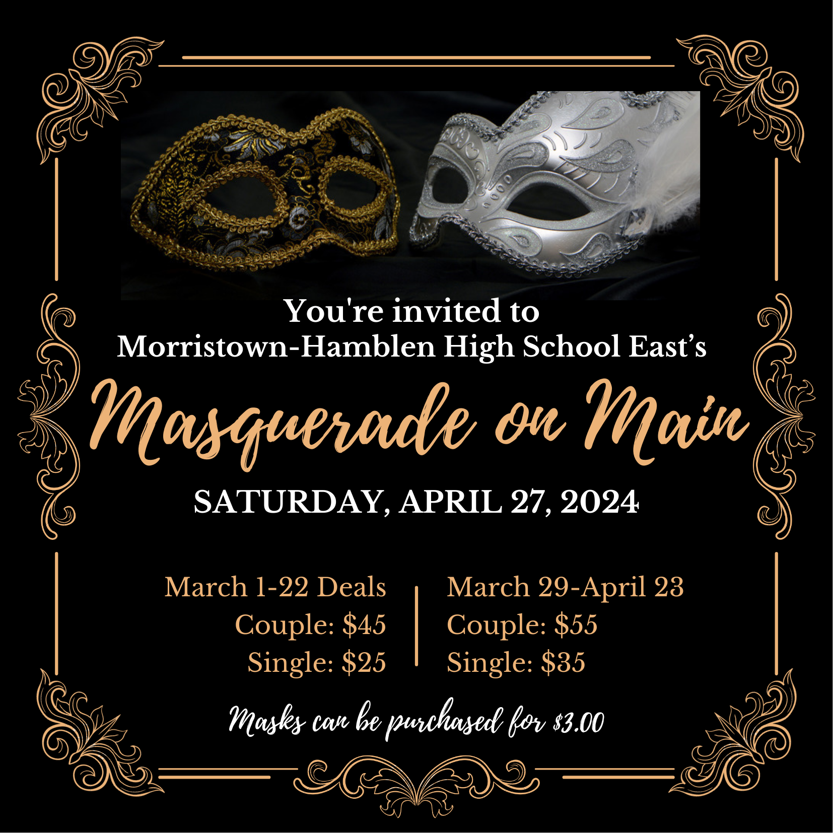two masks with prom ticket information