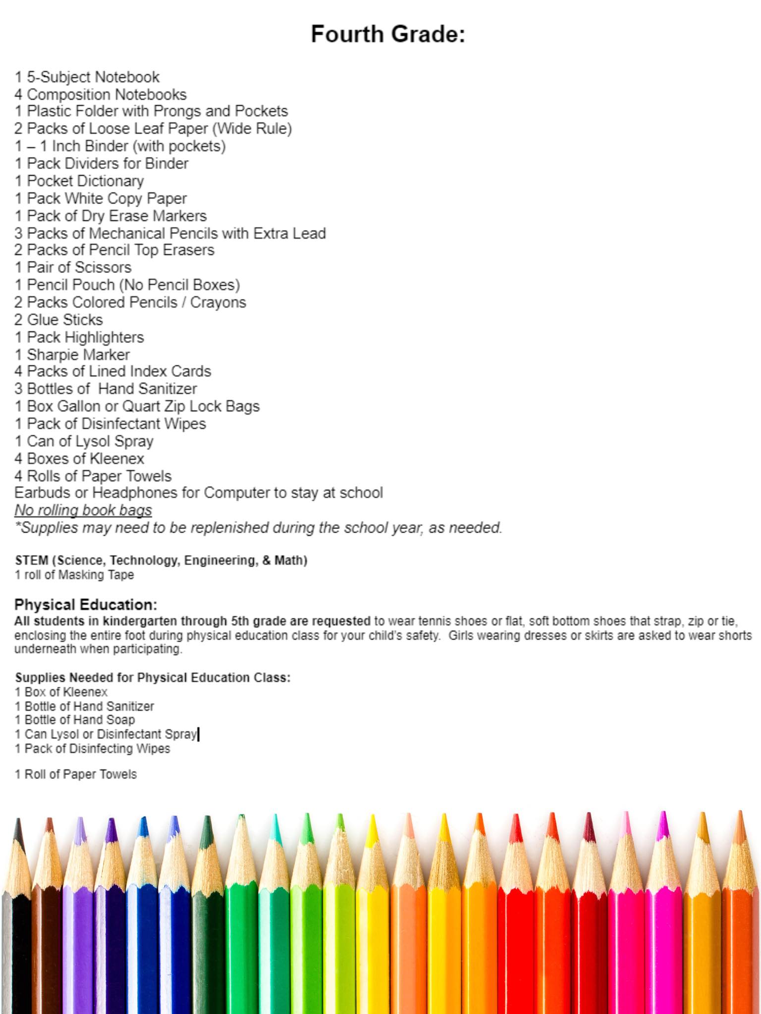 School Supply List 4th Grade