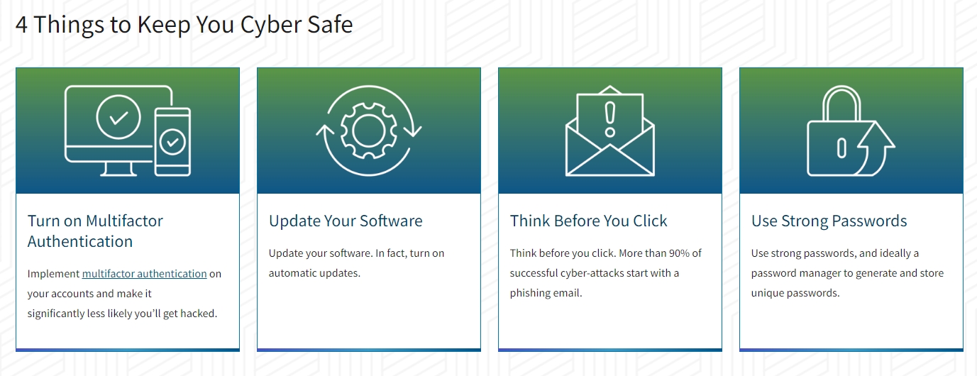 4 Things to keep you Cyber Safe Turn on multifactor authentication, update your software think before you click, and use strong passwords.