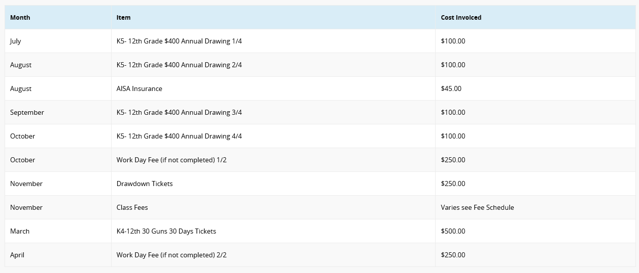 fee calendar