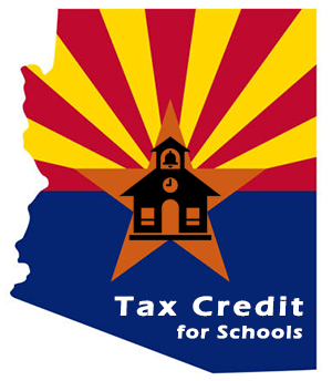 image of Arizona state flag with schoolhouse and Tax Credit for Schools text