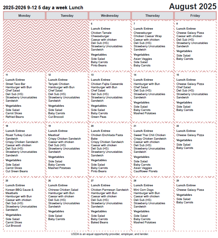AUG lunch menu