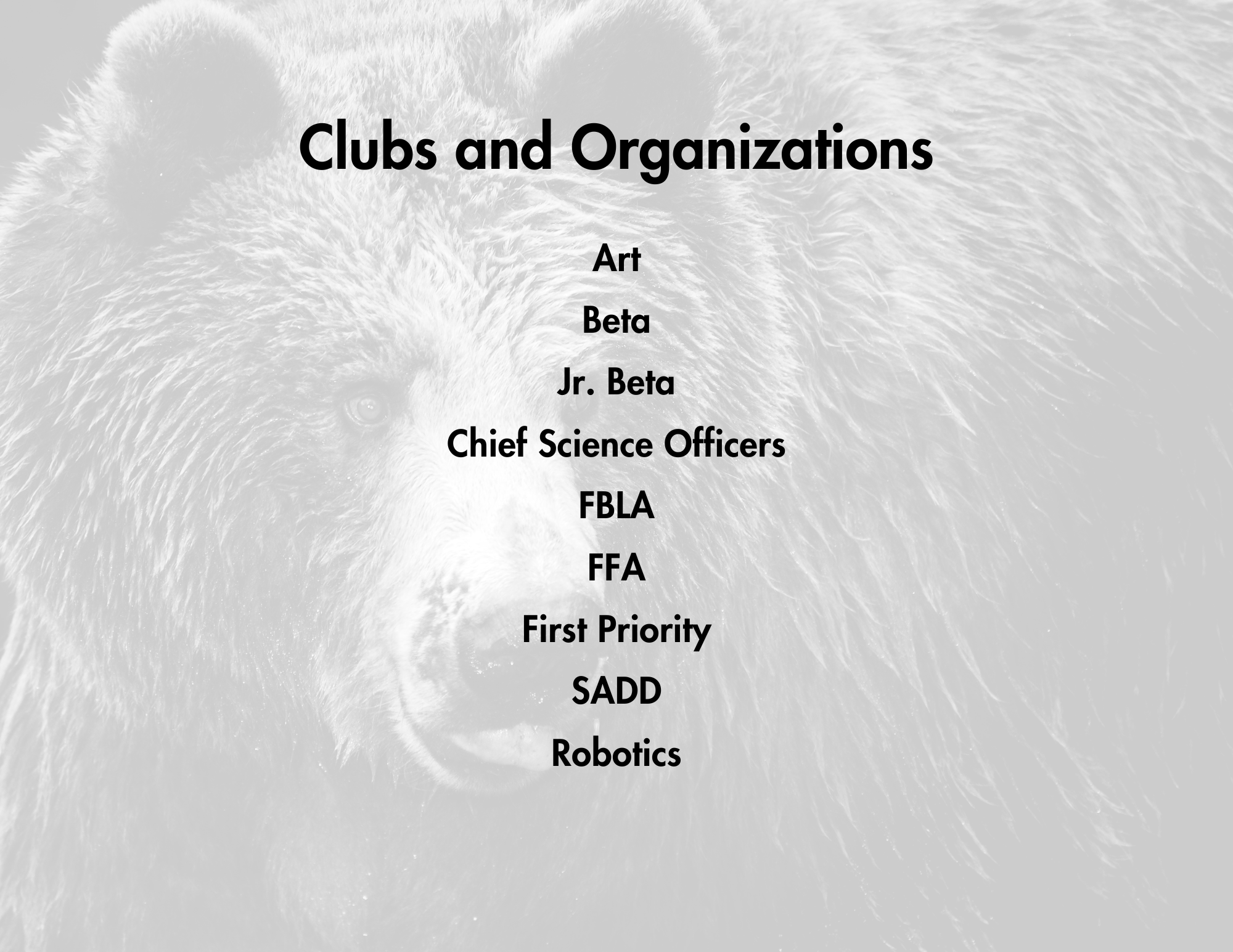 Clubs and Organizations, Art, Beta, Jr. Beta, Chief Science Officers, FBLA, FFA, First Priority, SADD, Robotics