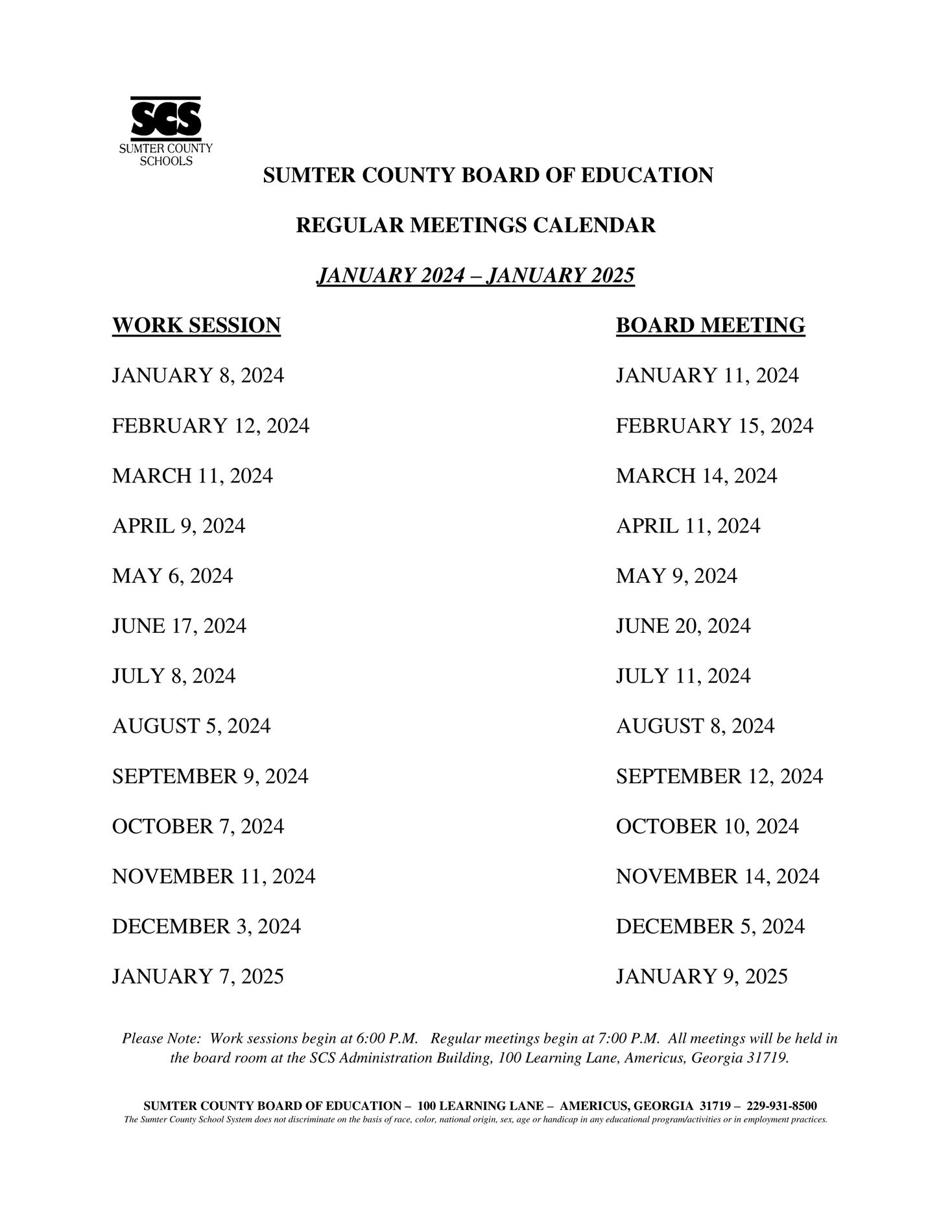 Sumter County Board of Education Meeting Calendar