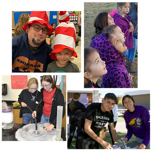 collage with father and son at Dr. Seuss breakfast, elementary students looking up at hot air balloon, middle school student participating in a science project and high school students painting sign during annual day of service