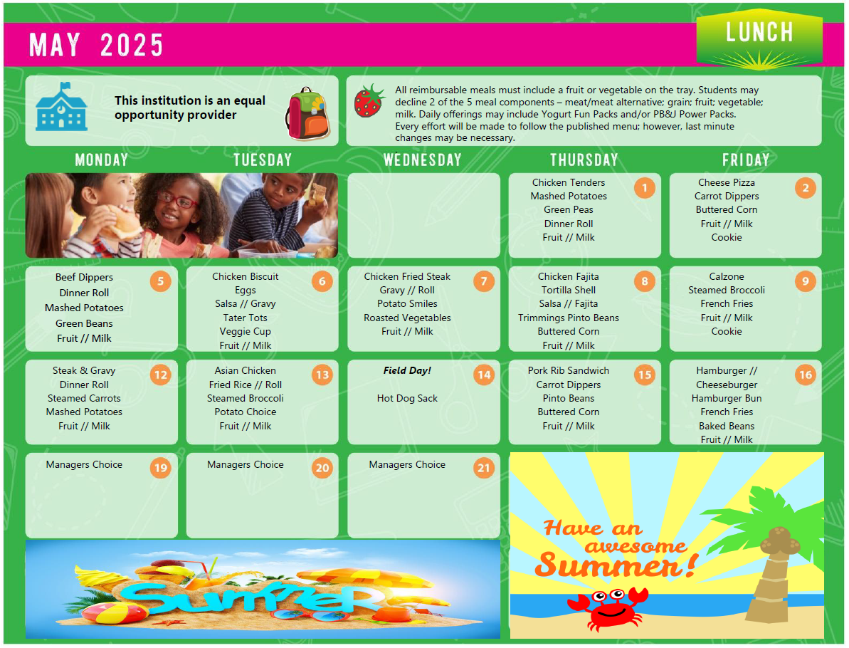 elementary lunch menu for May