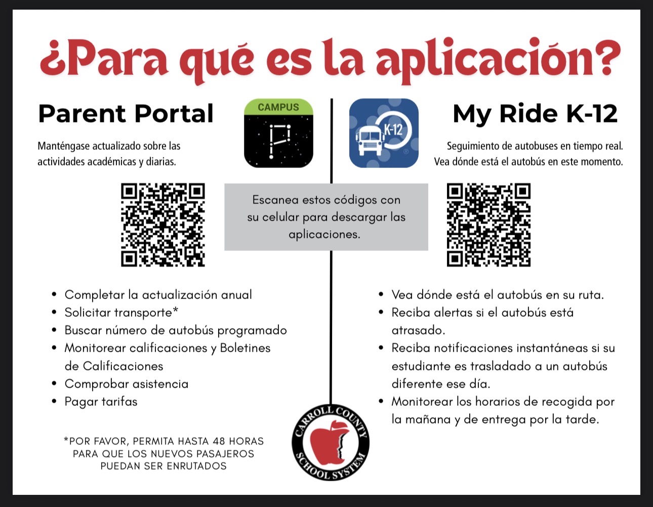 app flyer for parent portal and my ride sPANISH