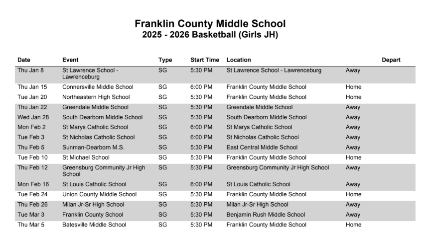 2026 Girls JH Basketball Schedule Updated January 30
