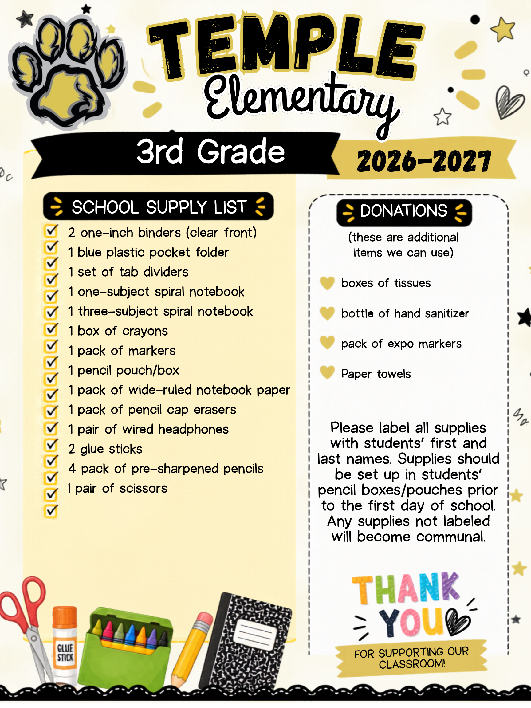 3rd Grade Supply List 26-27 3rd Grade Supply List 26-27