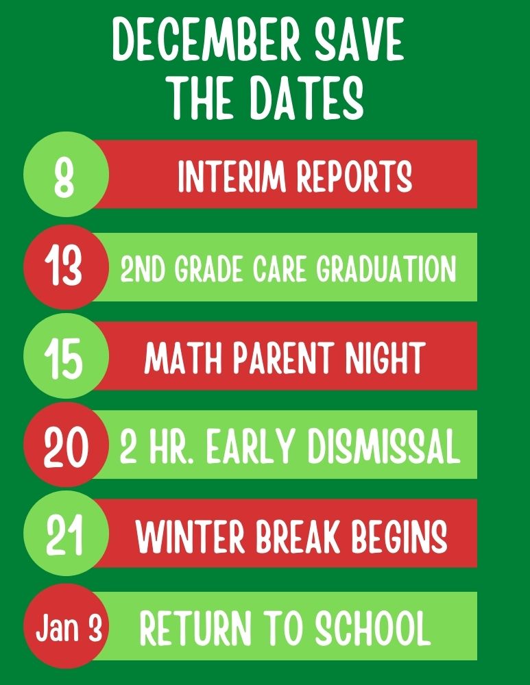 Here are the important dates coming up for Ramseur in December!  Dec 8 - 2nd Quarter Interim reports go home.  Dec 13- 2nd Grade Care Graduation  Dec 15- Math Parent Night  Dec 20- 2 Hour Early Dismissal  Dec 21- First day of Winter Break  Jan 3- Students Return to School 