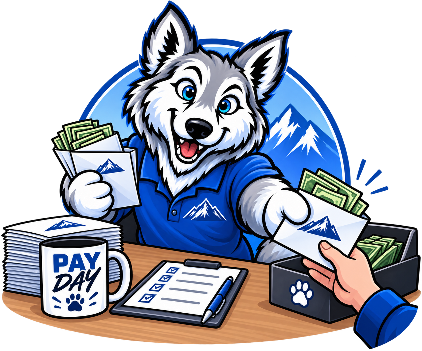 Cartoon wolf paying people pay day