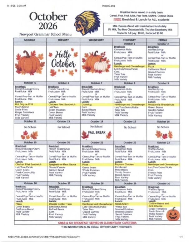 October 2026 Menu October 2026 Menu