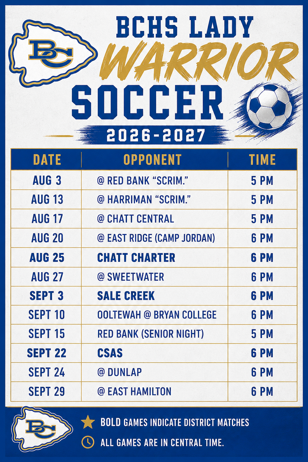 2026 BCHS Lady Warriors Soccer Schedule