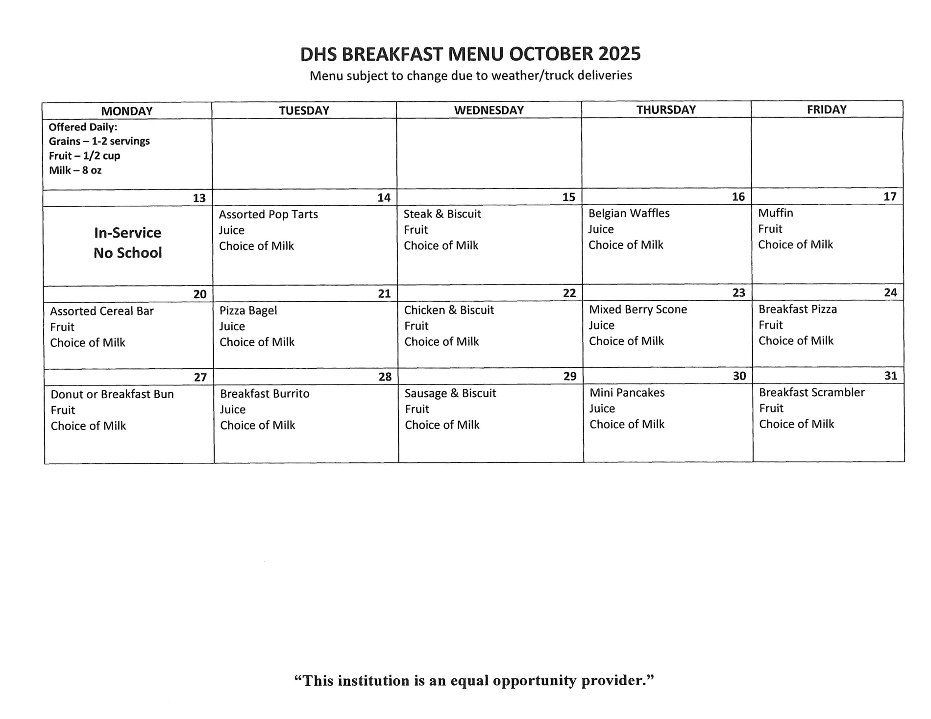 DHS Breakfast Menu