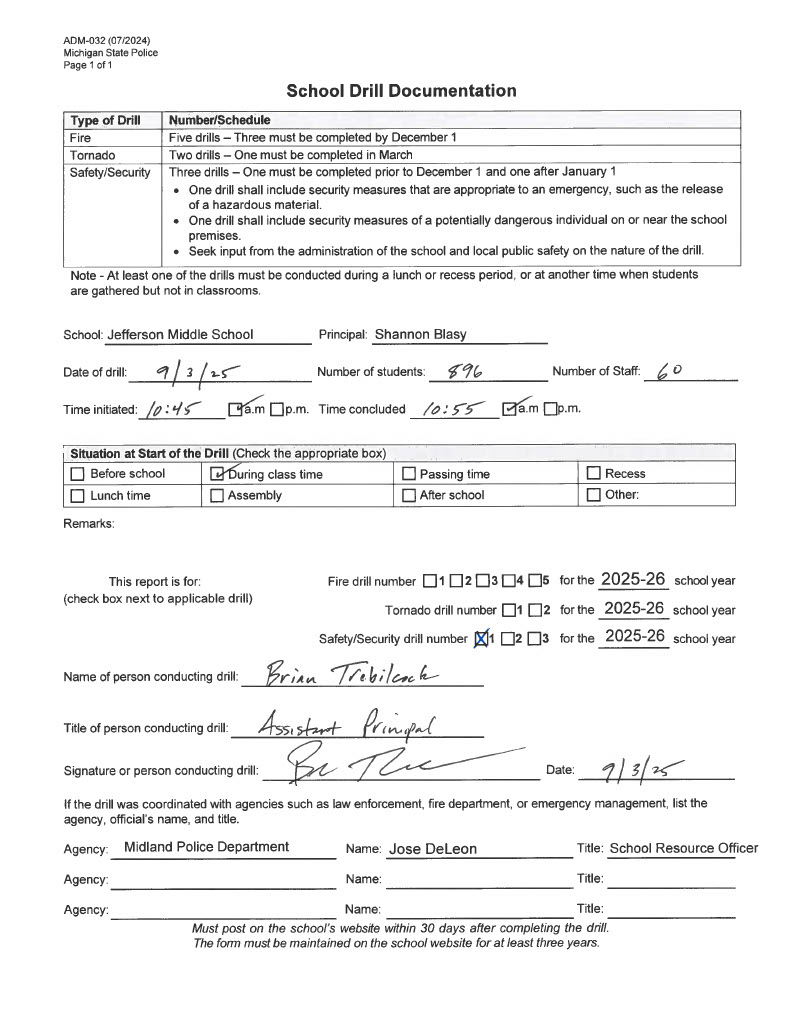 Form for Jefferson Middle School's first safety drill of 2025-2026