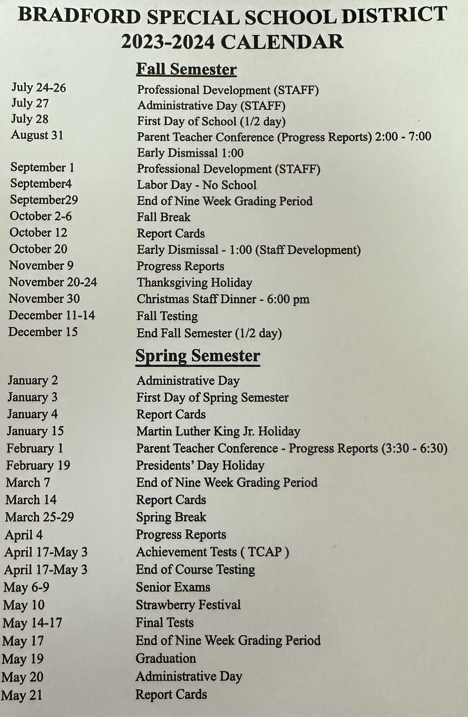 Calendar - Bradford Elementary School