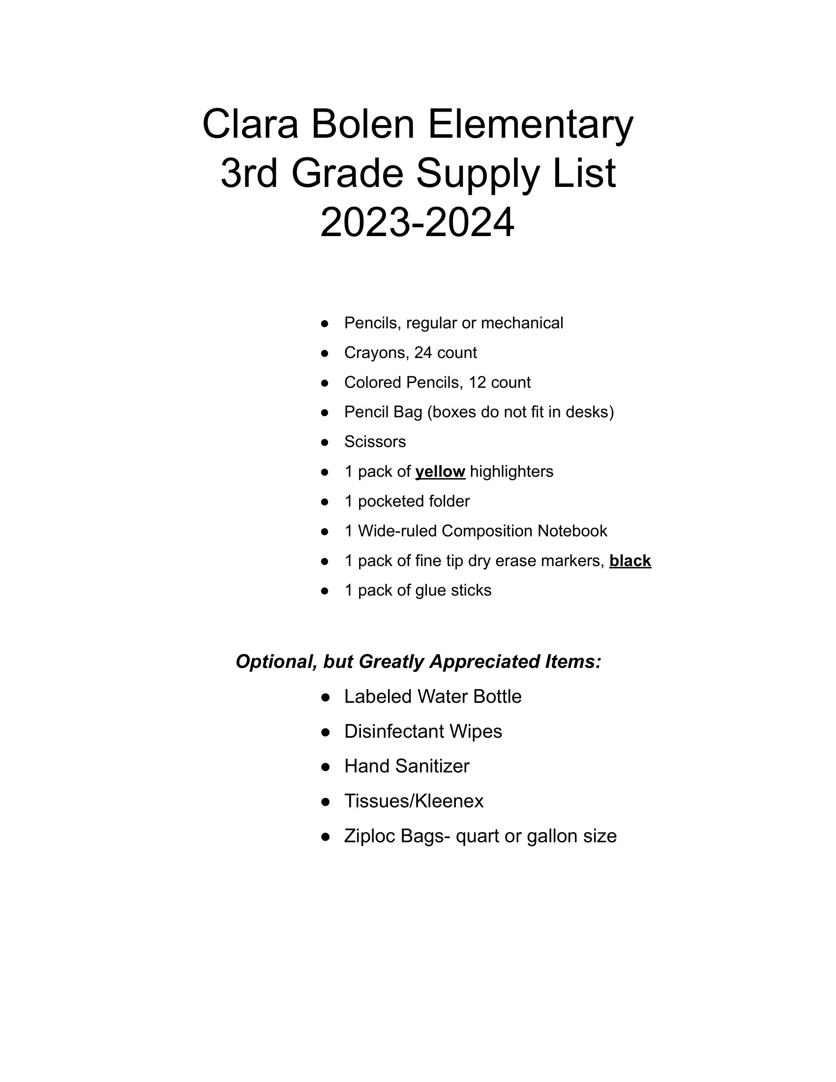 third grade supply list
