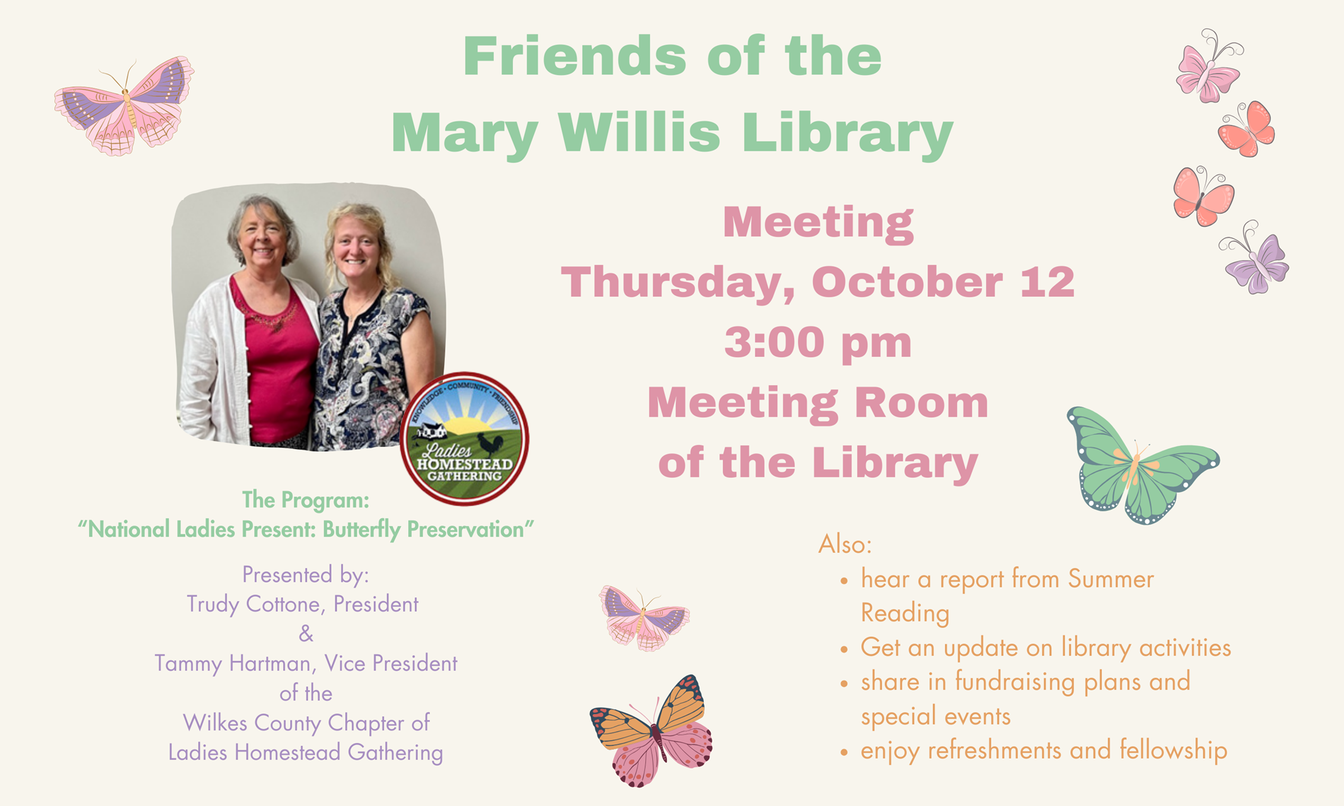 The Friends of the Mary Willis Library will meet Thursday, October 12, at 3 pm in the Mary Willis Library Meeting Room.