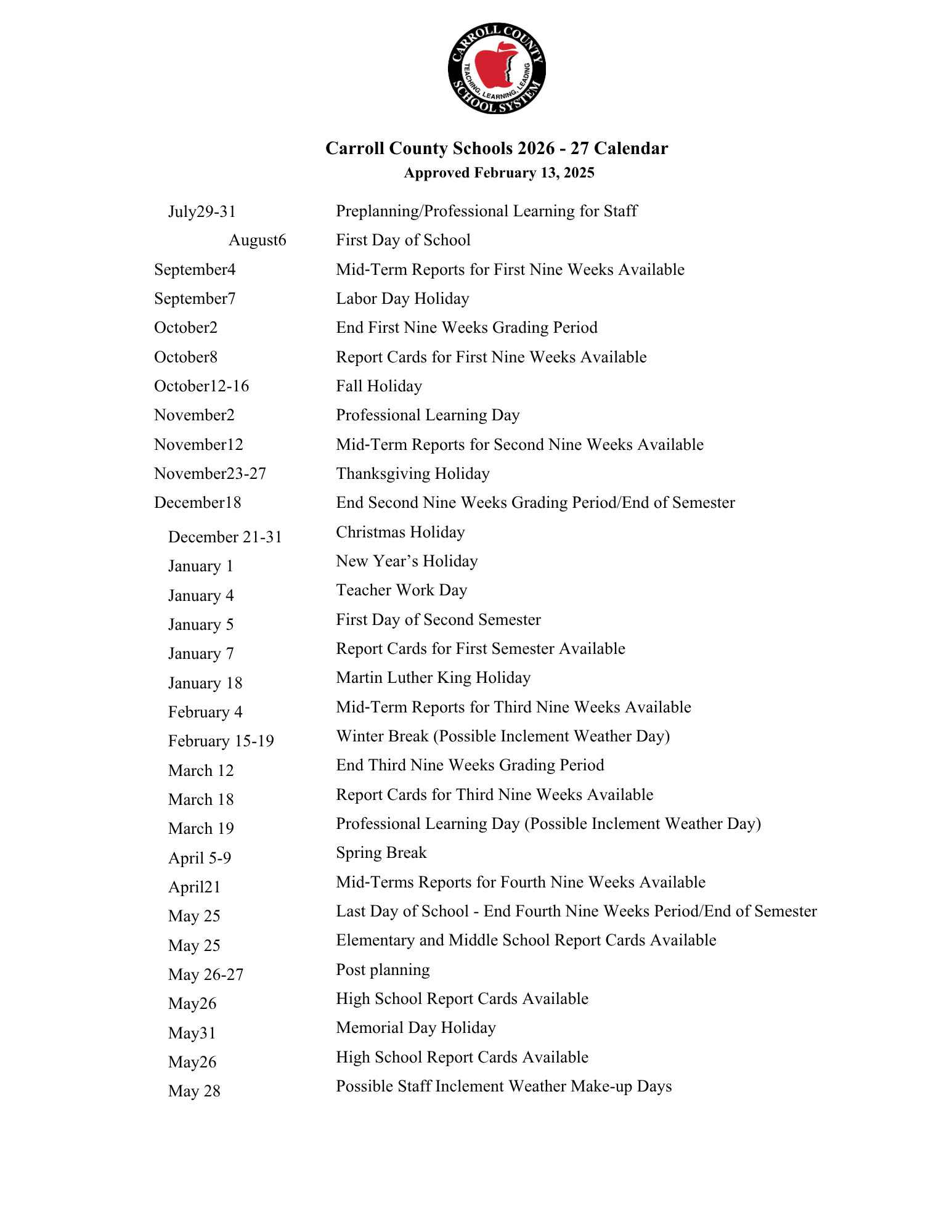 2026-2027 School Calendar outline view
