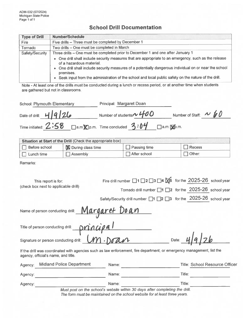 Form for Plymouth Elementary's fire drill of 2025-2026